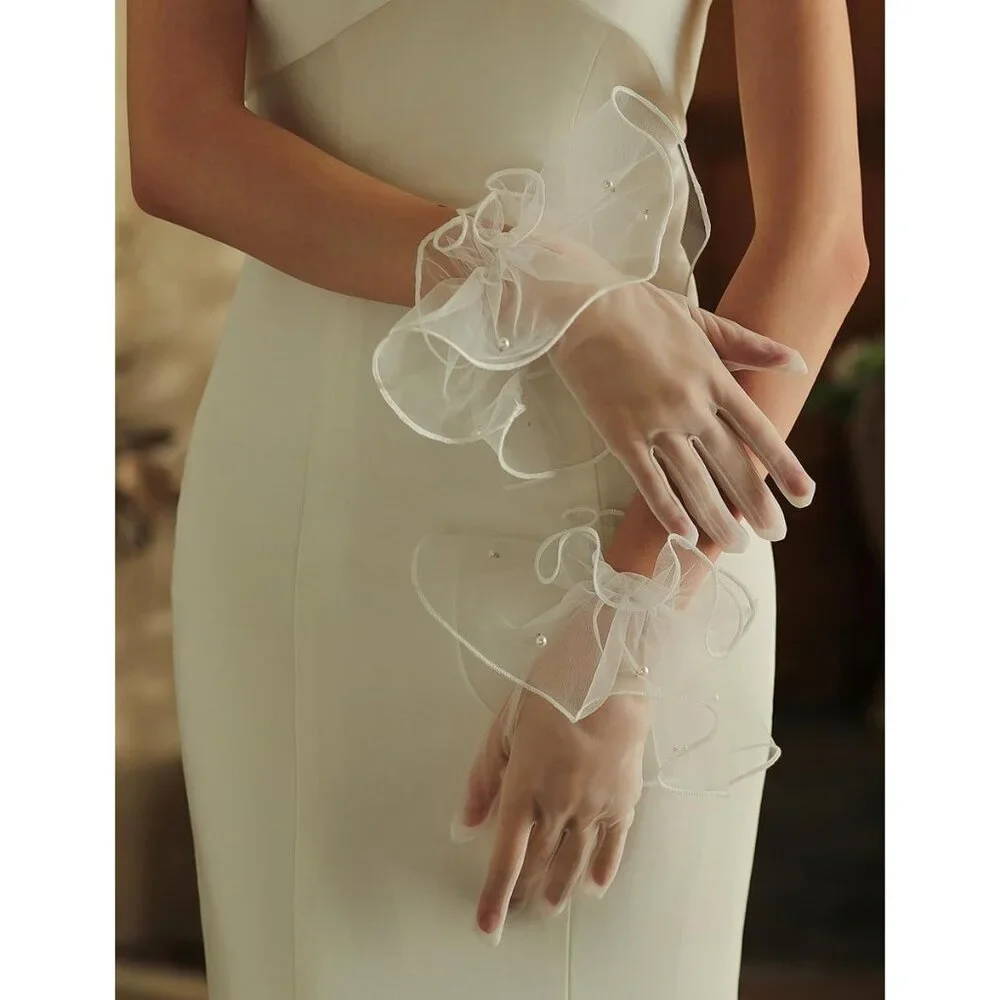 Women's Formal Evening Light Mint Short Mesh Tulle Gloves Wedding Party Costume